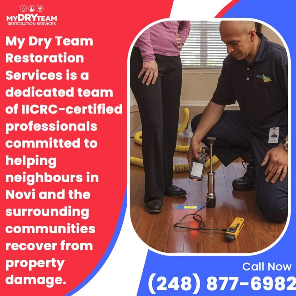 IICRC-certified professional from My Dry Team Restoration Services inspecting a floor with a client, demonstrating commitment to helping neighbours in Novi and surrounding communities recover from property damage. Contact (248) 877-6982 for local restoration.