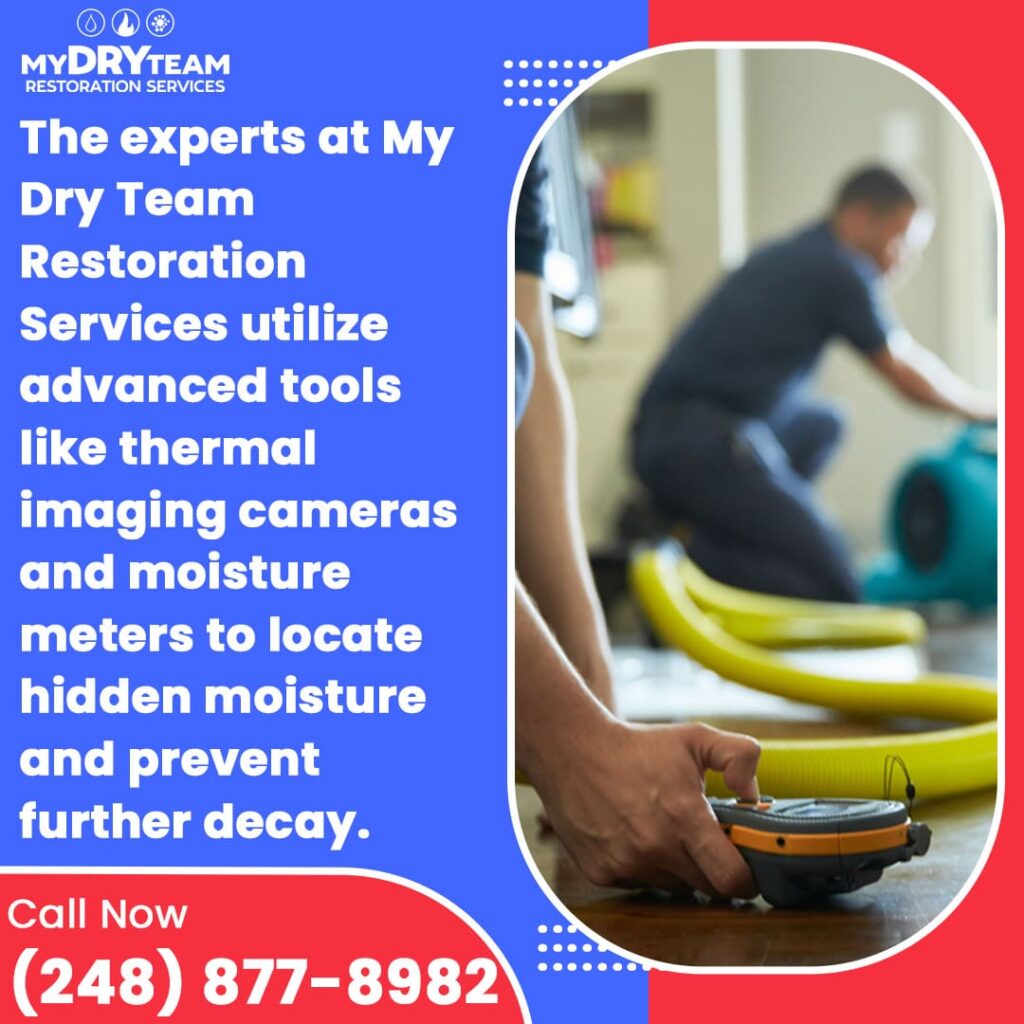 Expert from My Dry Team Restoration Services using a moisture meter to locate hidden water damage and prevent further decay, with thermal imaging camera visible. Call (248) 877-8982 for moisture detection.