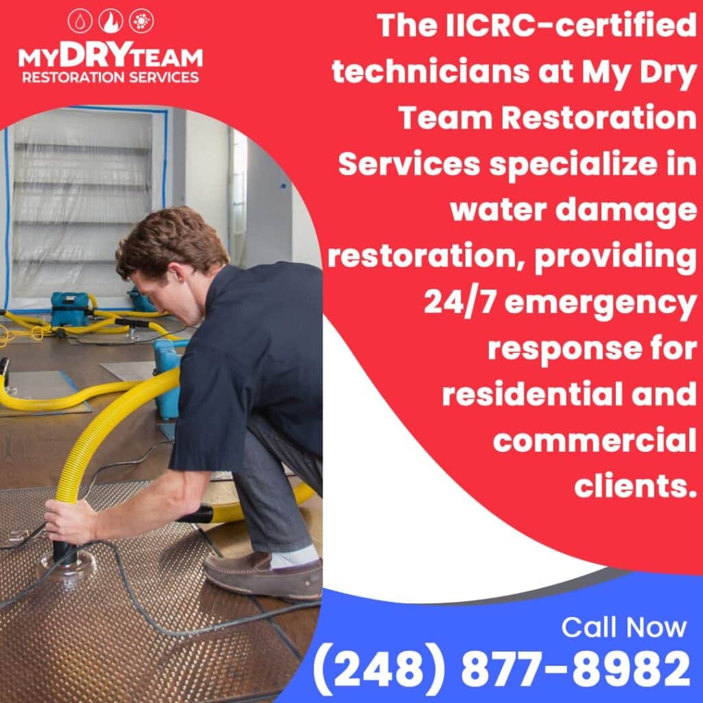 IICRC-certified technician from My Dry Team Restoration Services using specialized equipment for water damage restoration in a residential property. Providing 24/7 emergency response for water extraction and drying services.