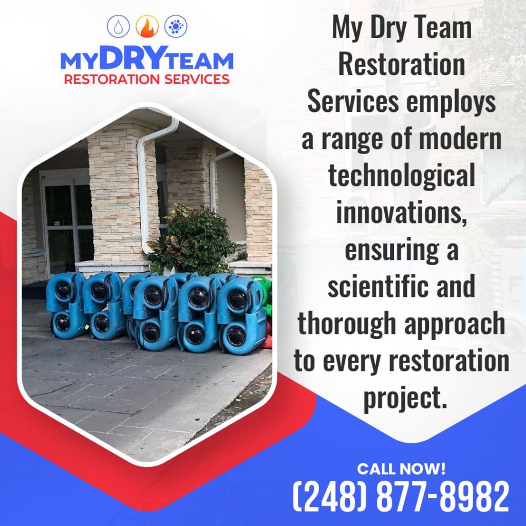 My Dry Team Restoration Services deploying advanced water drying equipment outside a commercial building in Commerce Township, Michigan for rapid water removal and restoration