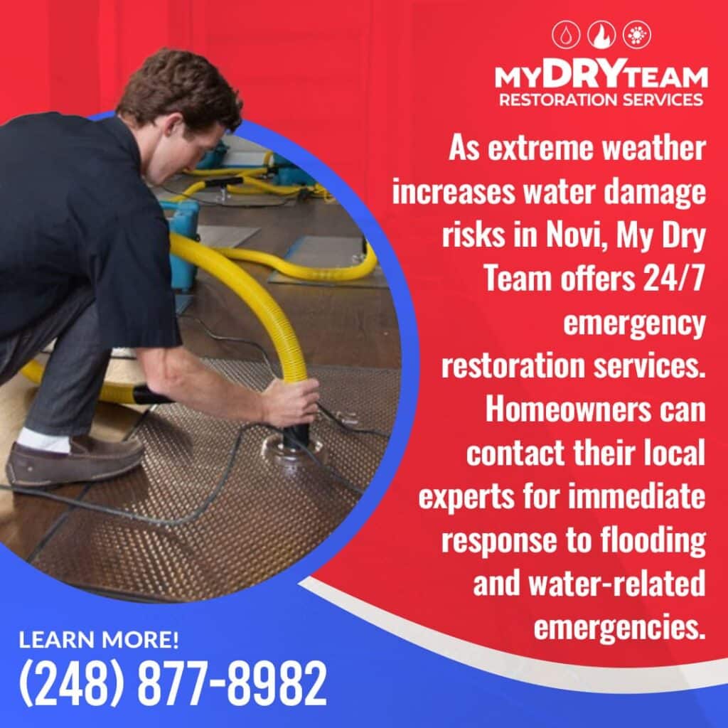 My Dry Team offers 24/7 emergency water restoration in Novi, Michigan. A professional is shown using a powerful pump to remove water after a flood