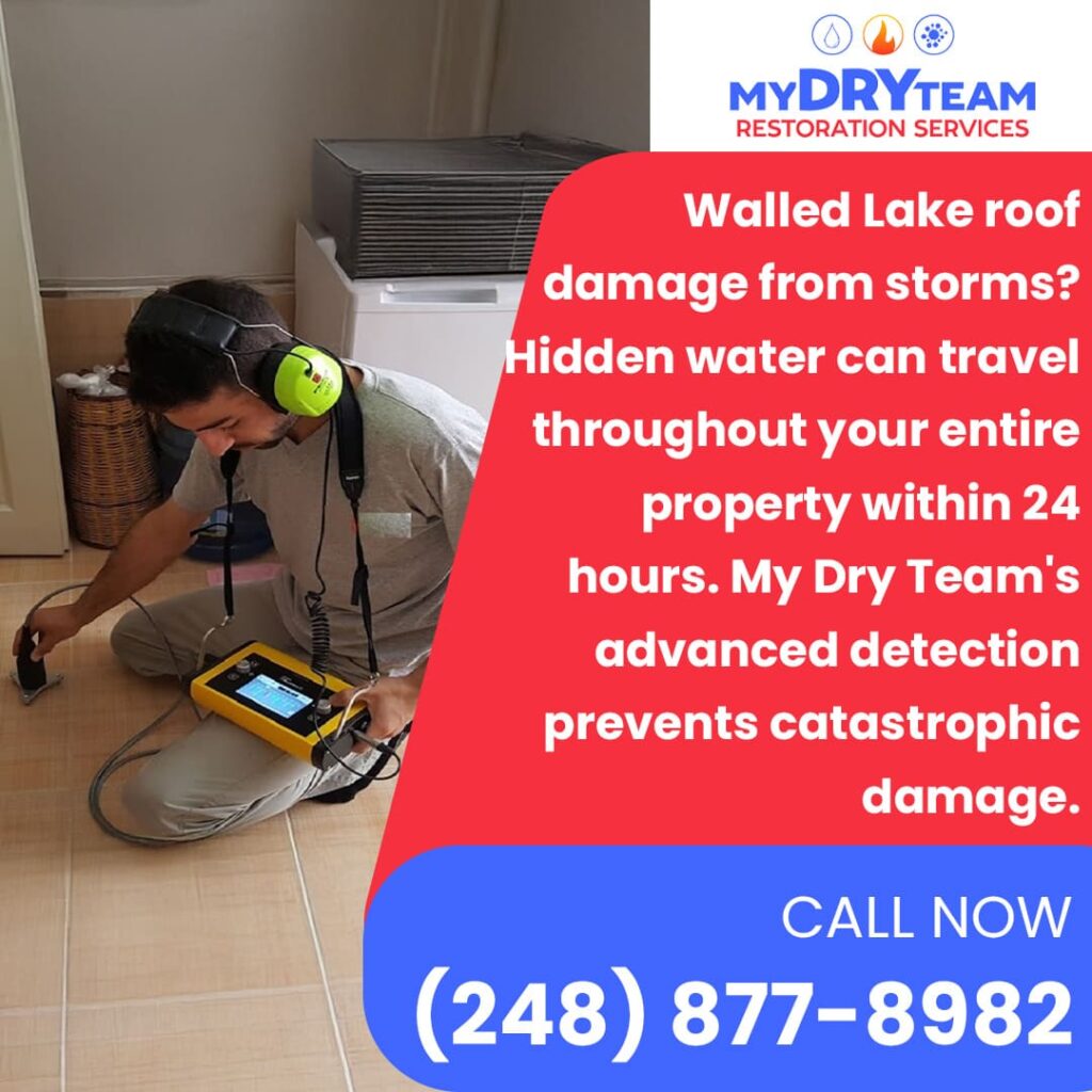 A My Dry Team technician kneeling on a tiled floor using advanced water detection equipment to find hidden moisture. The image promotes the company's services for Walled Lake roof damage from storms, highlighting that hidden water can cause catastrophic damage within 24 hours.