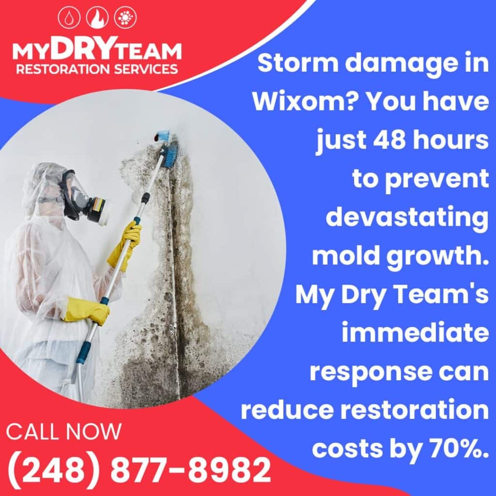 A My Dry Team technician in a hazmat suit and respirator cleaning severe mold growth from a wall after storm damage in Wixom, Michigan. The image highlights the urgency of addressing water damage to prevent devastating mold growth and reduce restoration costs.