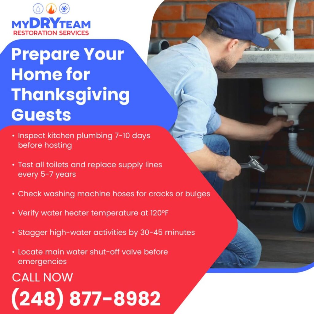 My Dry Team Restoration Services: Plumbing preparation tips for Thanksgiving guests, showing a technician inspecting under a kitchen sink.