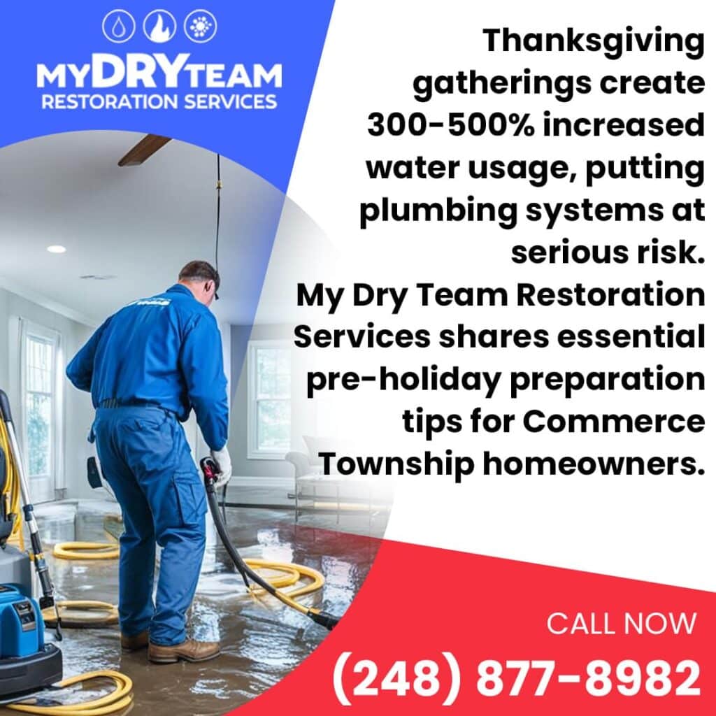 My Dry Team Restoration Services: Warning about 300-500% increased water usage and plumbing risks during Thanksgiving in Commerce Township.