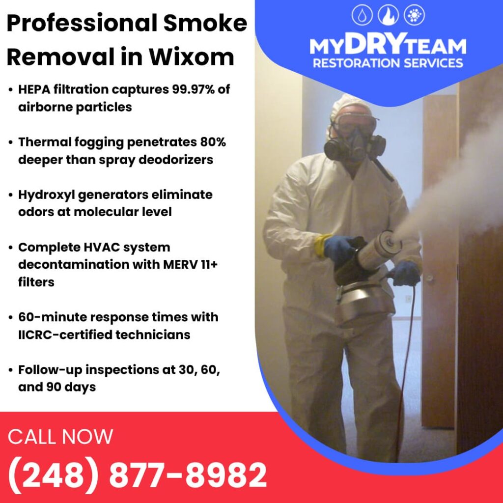 Professional smoke removal services in Wixom by My Dry Team, detailing HEPA filtration, thermal fogging, and IICRC-certified technicians.