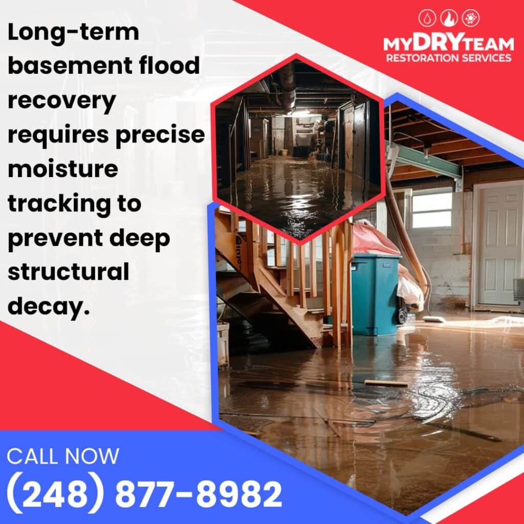 Flooded basement with standing water requiring moisture tracking and restoration.