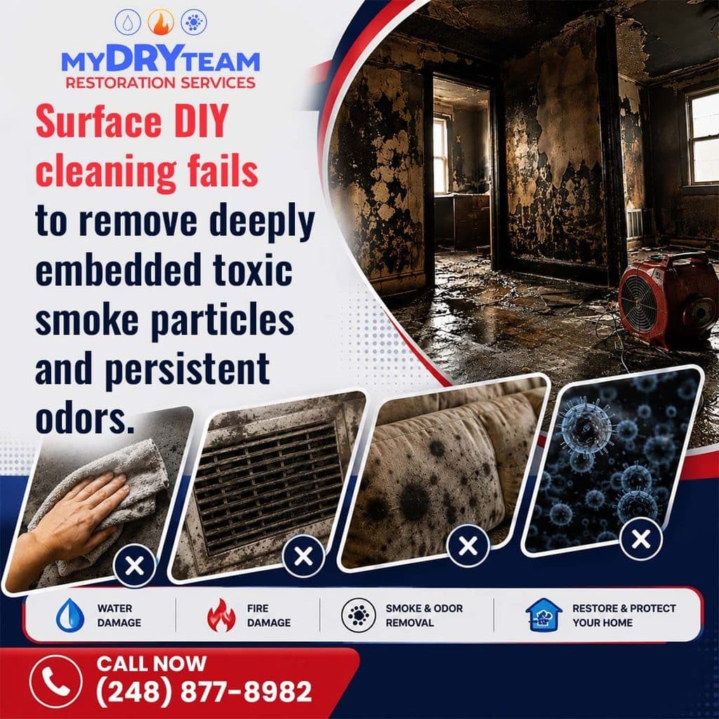Surface DIY cleaning fails to remove deeply embedded smoke particles.